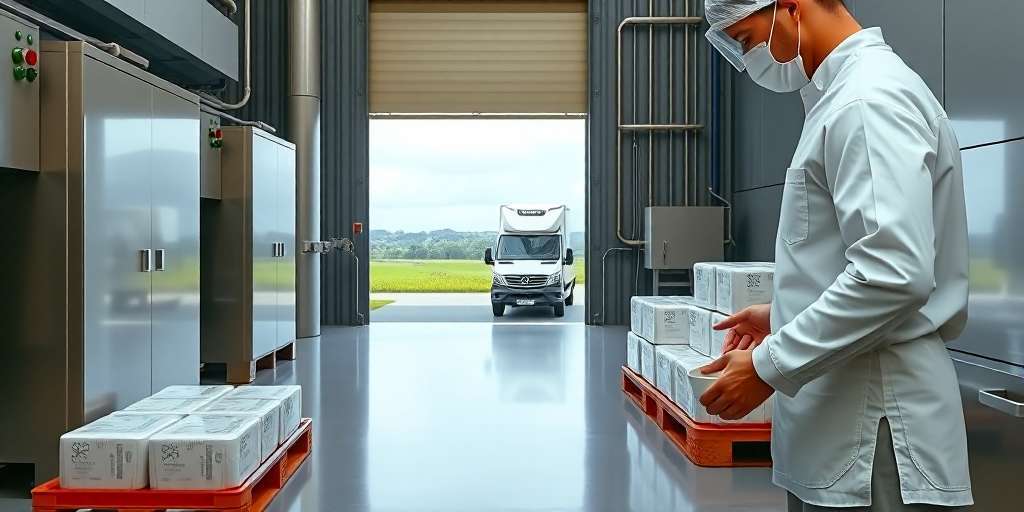 Fábrica de manteca de cerdo industrial con operarios supervisando la producción en España