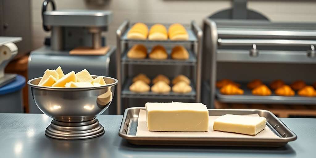 Bloque de manteca de cerdo industrial junto a bandeja de croissants hojaldrados recién horneados