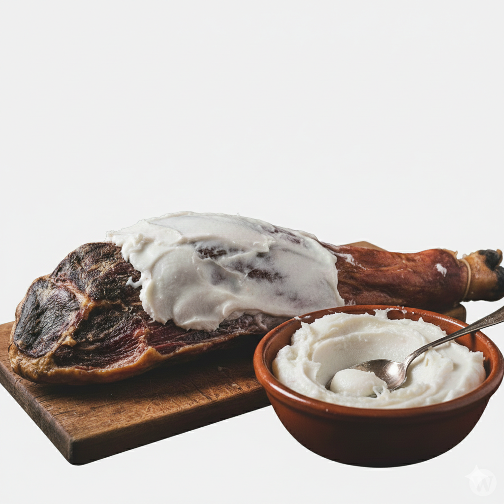 Aplicación de manteca de cerdo sobre jamón en secadero para evitar el secado y mejorar la curación