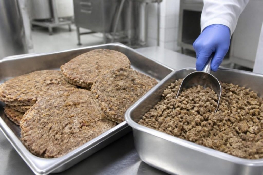 Chicharrones prensados en placas y chicharrón en grano en bandejas de acero inoxidable