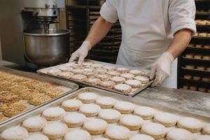 Bandejas de mantecados y polvorones recién horneados en un obrador industrial